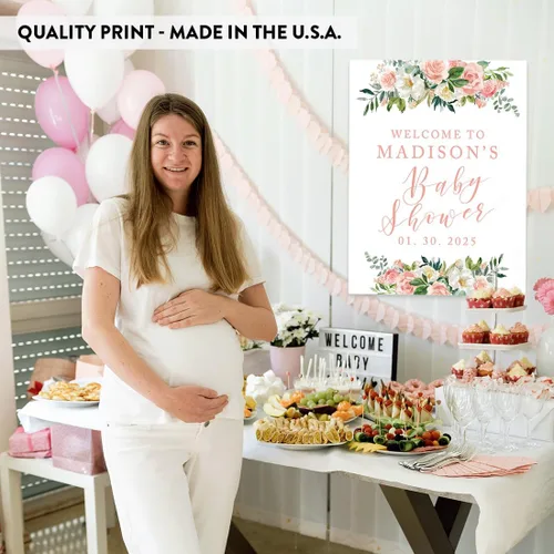 Vista 5 de Andaz Press Letrero de bienvenida personalizado de lona grande para baby shower, flores rosas rubor, 16 x 20 pulgadas, alternativa al libro