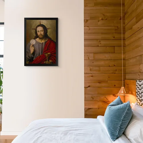 Vista 4 de Cabaña perdida Cristo el Salvador con la Eucaristía por Vicente Juan Masip Lienzo Negro Marco plano Reproducción de pintura de obra fina