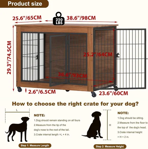 Vista 3 de Mueble de jaula para perros de 38.6 pulgadas con ruedas, mesa de madera resistente para perrera, jaula para mascotas de interior con 2 puertas, caja