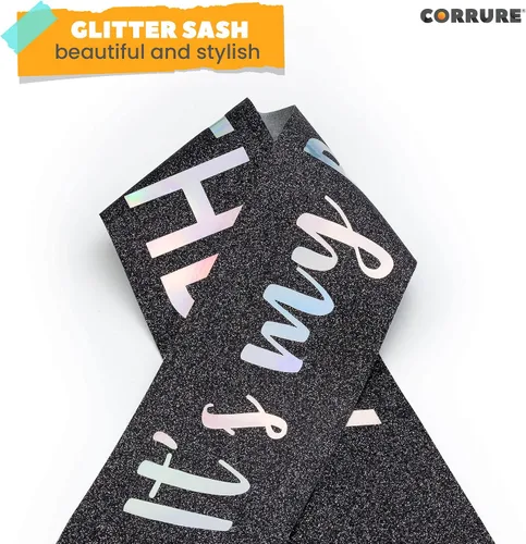 Vista 6 de CORRURE Banda con purpurina «It's My Birthday» con lámina multicolor – Banda de feliz cumpleaños con purpurina negra para mujeres – Suministros