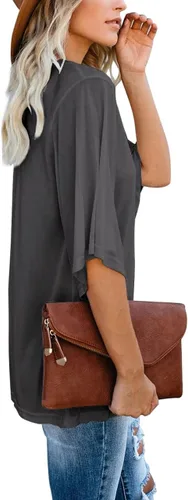 Vista 4 de cordat Blusa suelta para mujer, cuello en V, manga 34 acampanada, longitud hasta el codo, camisetas para mujer