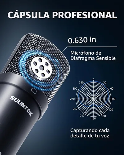 Vista 3 de SUUNTOK XLR Micrófono de condensador de grabación para PC, computadora en casa, estudio, cardioide, podcast, kit de micrófono para transmisión Negro