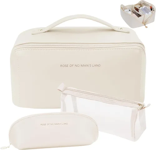 Vista 13 de 3 bolsas de maquillaje de viaje portátiles de gran capacidad para mujeres, estuche organizador de maquillaje plano abierto, bolsa organizadora