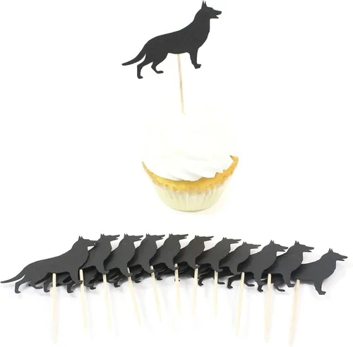Vista 2 de Juego de 12 adornos para cupcakes de pastor alemán Decoración de pastel de perro negro hecho a mano Decoración de fiesta de cumpleaños