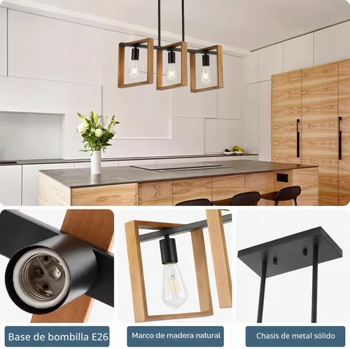 Vista 3 de 9MMML Lámpara de 3 luces para isla de cocina, lámpara de comedor negra, con marco de madera, para sala de estar, vestíbulo, entrada, pasillo, E26