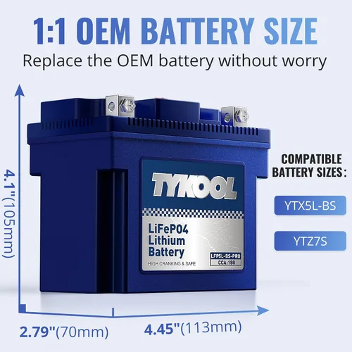Vista 2 de TYKOOL YTX5L-BS Batería de litio de alto rendimiento LiFePO4 para motocicleta, 12.8V 3Ah, 180CCA, BMS incorporado, batería para deportes de motor