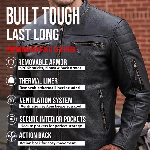 Vista 4 de Revolt - Chaqueta de motocicleta para hombre, piel de búfalo natural, armadura CE, ventilación, crucero, motorista, turismo, negro, talla XXL Marrón