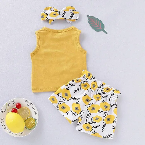 Vista 2 de PigMaMa Conjunto de ropa para bebé niña de 3 piezas, sin mangas, camiseta sin mangas, pantalón de flores, diadema