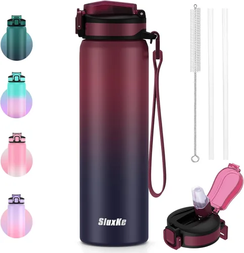 Vista 10 de SLUXKE Botella de agua de 24 onzas aislada con pajilla, botella de agua de acero inoxidable 18/8 de doble pared con correa de transporte, botella