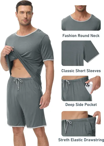 Vista 4 de MoFiz Conjunto de pijama para hombre, camisa y pantalones cortos, conjunto de pijama ligero y suave para hombre, conjunto de descanso con bolsillos