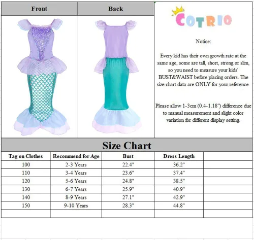 Vista 3 de Cotrio Mermaid Princess Dresses for Girls Birthday Party Dress Up Kids Halloween Costume Outfits Cosplay Clothes
