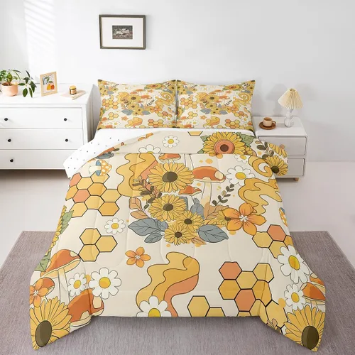 Vista 13 de Juego de ropa de cama floral retro, tamaño individual, vintage de los años 70 y 60, juego de edredón para niños, adultos y adolescentes, juego