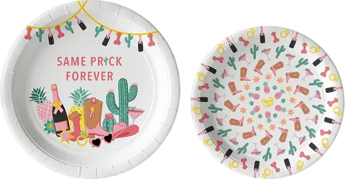 Vista 2 de Bachelorette "Same Prick Forever" Vajilla Pack: Juego de platos de papel, servilletas y tazas desechables para 20