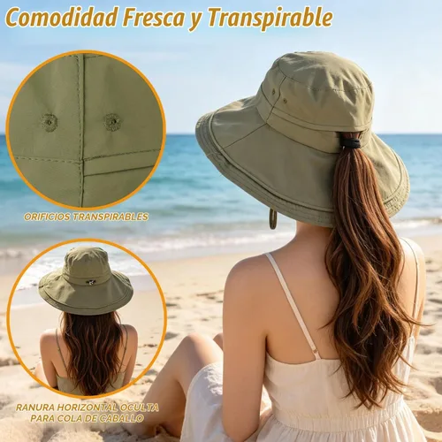 Vista 3 de Sombrero de ala ancha impermeable UPF 50+ para mujer con agujero para cola Verde militar
