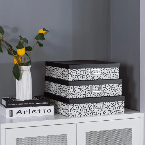 Vista 3 de Soul & Lane Cajas de almacenamiento decorativas de cartón con tapas para decoración del hogar, juego de 3 almacenamiento de fotos en blanco y negro