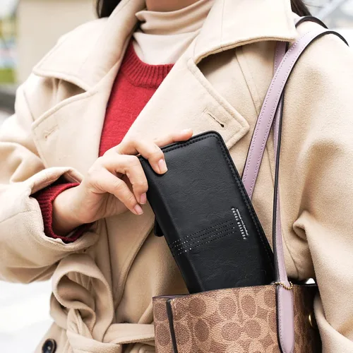 Vista 6 de APHISON Billetera para mujer ultra delgada de cuero delgado cartera RFID bloqueo tarjeta de crédito titular doble embrague largo señoras Billfold