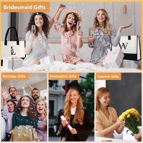 Vista 6 de AUNOOL Bolsa de playa con inicial con cremallera y bolsillos, regalos con monograma para mujeres, regalos personalizados para profesores, mamá