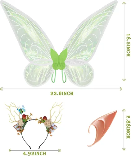 Vista 6 de Alas de hada, alas de hadas transparentes brillantes para adultos, mujeres y niñas, disfraz de Halloween con orejas de elfo y corona de flores