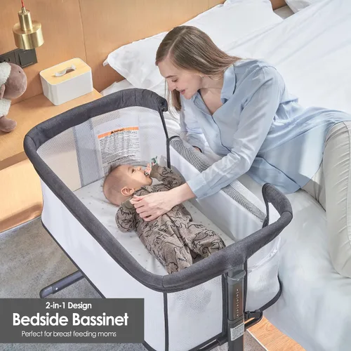 Vista 4 de QUTANIX Moisés para bebé con ruedas, fácil de plegar y ligera, de malla transpirable y altura ajustable, color gris