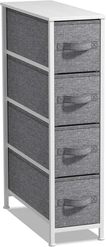 Vista 16 de Sorbus Cómoda estrecha con 4 cajones - cómoda de almacenamiento vertical delgada con marco de acero, parte superior de madera y contenedores de tela