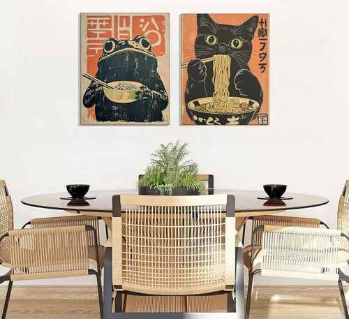 Vista 4 de Lienzo de pared de gato japonés vintage, arte de pared, diseño de gato negro peculiar que come ramen, póster retro divertido de rana comiendo