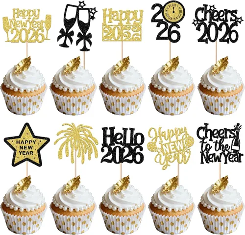 Vista 21 de Rsstarxi 1 paquete de decoración para tartas de Año Nuevo 2024 con purpurina para decoración de pasteles de Año Nuevo 2024, decoración para pasteles