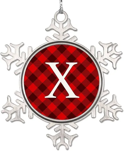 Vista 30 de Adorno de copo de nieve de letra A con inicial de copo de nieve, adorno de monograma a cuadros rojos para decoración de árbol de Navidad, adornos