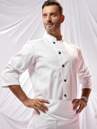 Vista 3 de Men Stand-Up Collar Chef Coat 34 Sleeve Lightweight Chef Jacket Chef Uniform With 2-Pockets Professional