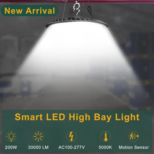 Vista 2 de Luces LED inteligentes de 200 W con controlador inteligente que admiten modo normal y modo de sensor de movimiento (ahorro de energía), luces UFO