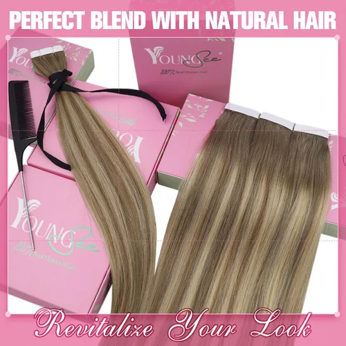 Vista 172 de YoungSee Extensiones de Cabello Humano con Cinta Balayage Extensiones de Cabello con Cinta Marrón Oscuro Extensiones de Cabello con Cinta Ombre
