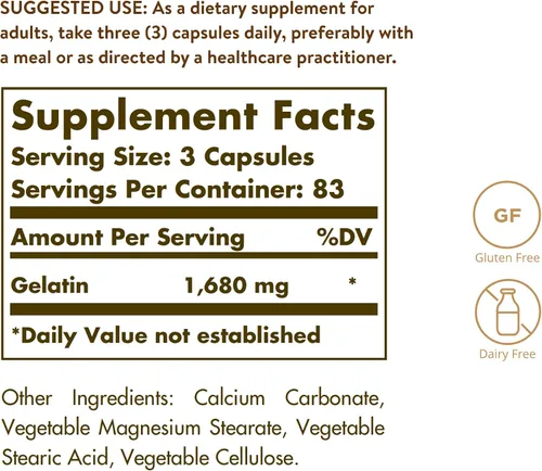 Vista 2 de Solgar Gelatina 1680 mg, 250 cápsulas – Gelatina natural – Apoya la salud de los huesos, las articulaciones y la piel – Sin gluten, sin lácteos – 83