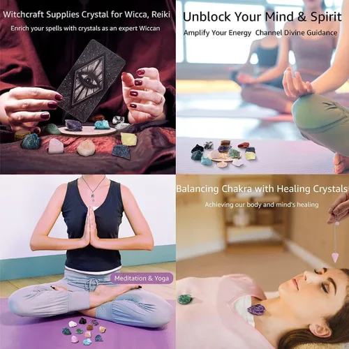 Vista 6 de Juego de 14 piedras de cristal curativo para chakras, con caja de madera de regalo para principiantes, meditación, reiki, yoga, colección