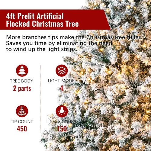 Vista 2 de Árbol de Navidad artificial preiluminado flocado de 4 pies, árbol de Navidad Fake Tree with 150 Lights/450 Branch Tips,Premium Spruce Xmas Tree