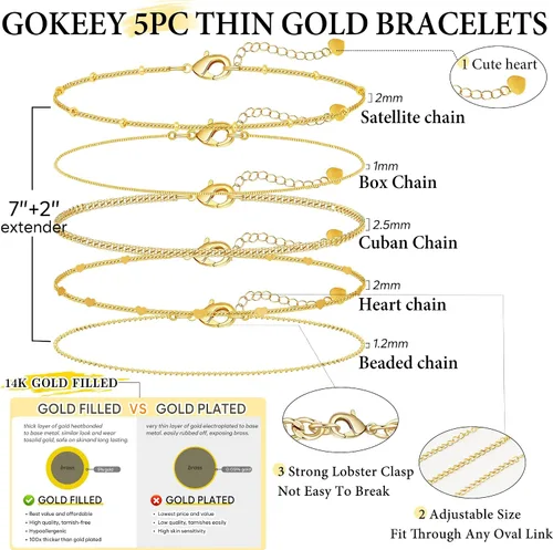 Vista 3 de Delicadas pulseras de oro para mujer, joyería de cadena de oro real de 14 quilates para mujer, impermeables, apilables, delgadas, con clip de papel
