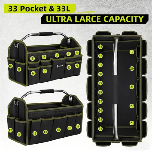 Vista 2 de Bolsas de herramientas plegables de boca abierta de 20 pulgadas para hombres de servicio pesado, portaherramientas rígido con asa, bolsa