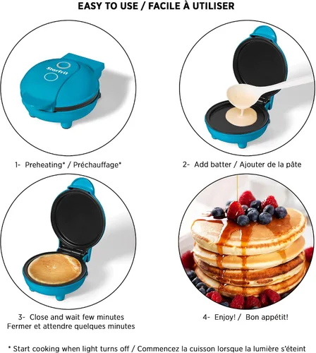 Vista 6 de Starfrit Mini máquina para hacer panqueques, antiadherente de 4 pulgadas, 350 W, color azul