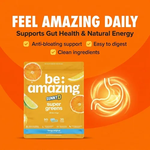Vista 4 de BE AMAZING Super Greens Polvo con prebióticos, enzimas digestivas y antioxidantes, 35 frutas y verduras, electrolitos y fibra, vegano, mezcla