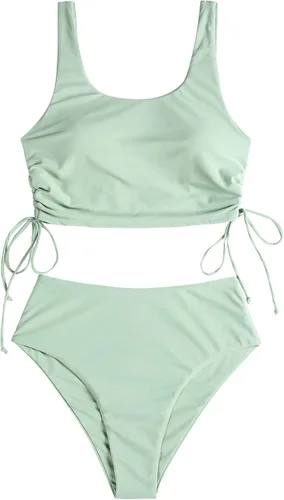 Vista 6 de YOESEE Trajes de baño de cintura alta para mujer, 2 piezas, con cordón ajustable, conjunto de tankini con cuello redondo, bikini con control