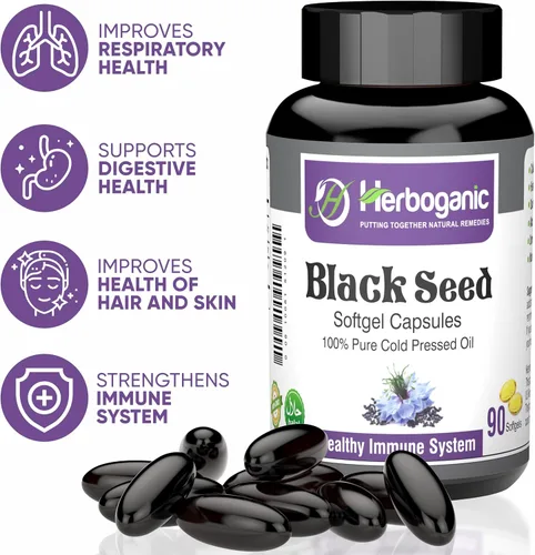Vista 3 de HERBOGANIC Cápsulas blandas de aceite negro prensado en frío, 90 unidades, mezcladas con otros productos herbarios, apoya la salud general
