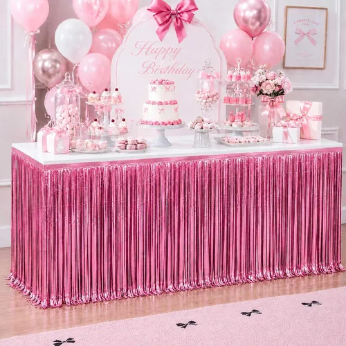 Vista 14 de Faldas de mesa de oropel de papel metálico con flecos para mesas rectangulares, cortinas de serpentina, telón de fondo para cumpleaños, boda