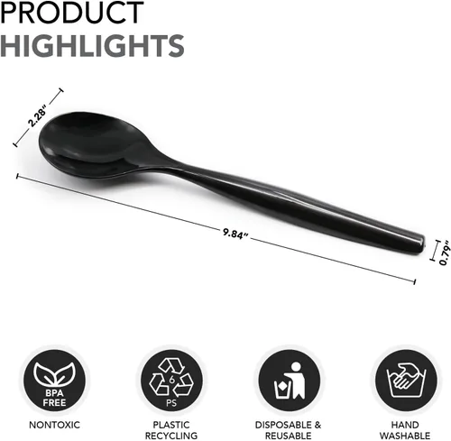 Vista 5 de Party Essentials Utensilios desechables de plástico resistente para bufés, eventos, fiestas, 4 juegos de cucharas, tenedores, pinzas, color negro