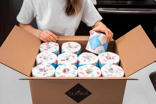 Vista 7 de 24 rollos de papel higiénico Bumroll reciclado y sostenible, suave, absorbente y ecológico, ideal para el hogar, la oficina y los baños, seguro