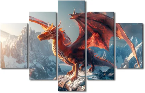 Vista 13 de Lienzo decorativo para pared de sala de estar, lienzo de dragón, 5 paneles, dragón verde, decoración de pared para el hogar, decoración de pared