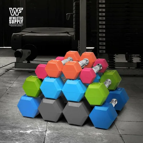 Vista 5 de WF Athletic Supply Mancuernas hexagonales con revestimiento de goma Black & COLOR con mango cromado contorneado, entrenamiento de cuerpo completo