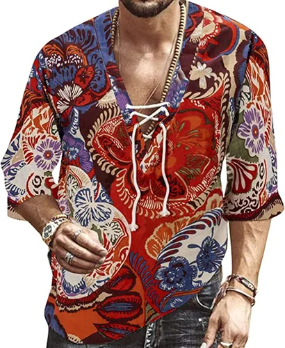 Vista 2 de FUNEY Camisas florales elegantes para hombre étnicas casuales con botones y manga corta hawaianas camisa casual de verano para vacaciones