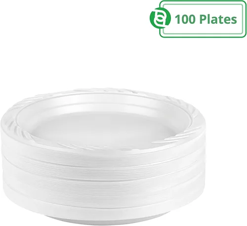 Vista 2 de Blue Sky Platos de plástico blanco de 6 pulgadas, 100 platos de plástico desechables, aptos para microondas, perfectos para fiestas de cumpleaños