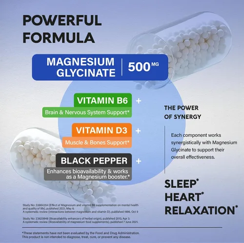 Vista 5 de Glicinato de magnesio 500 mg – Suplemento quelatado – Forma de alta absorción de magnesio – Apoyo para el sueño, la salud muscular y cardíaca