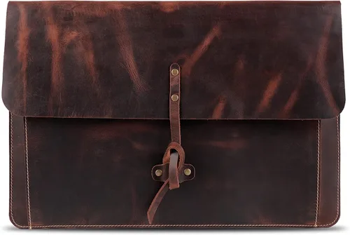 Vista 12 de Londo Funda de cuero de grano real para MacBook Pro y MacBook Air, bolsillo frontal y cierre de solapa, 14 pulgadas - 13 pulgadas