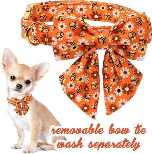 Vista 2 de Unique style paws - Collar de perro de estilo único con corbatín Otoño Halloween Collar de cachorro con abeja y margarita para perros pequeños