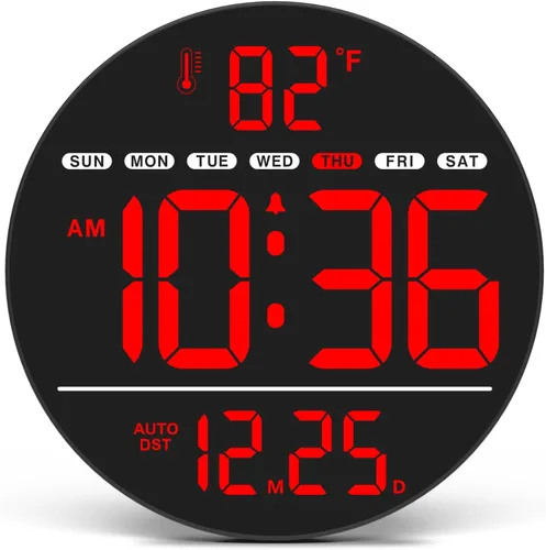 Vista 9 de Reloj de pared digital eléctrico grande con pantalla LED PLUG IN clock with Temperature, Auto DST, Date and Day, 5-Level Brightness for Office
